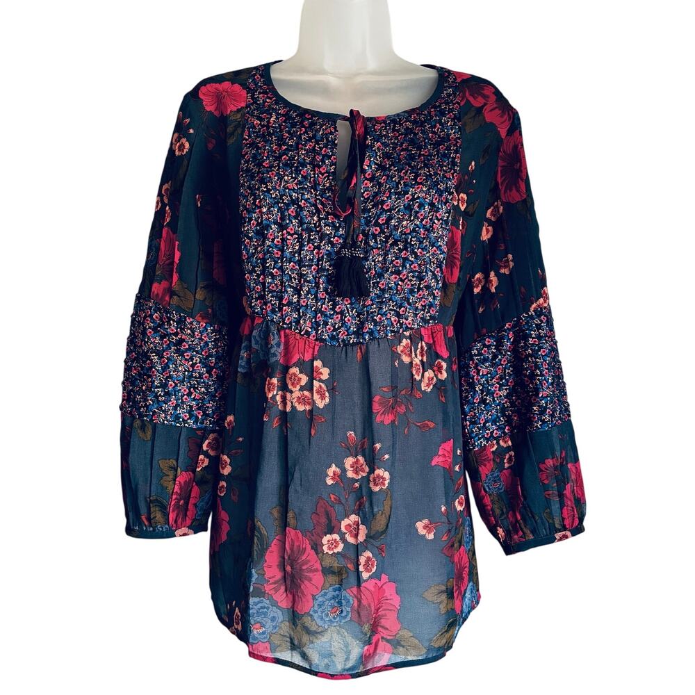 Daniel Rainn Long Sleeve Blouse Peasant Boho Floral Sheer Large